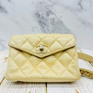 CHANEL Vintage Beige Waist Pouch Authentic Belt Bag 24K Gold CC Turn Lock